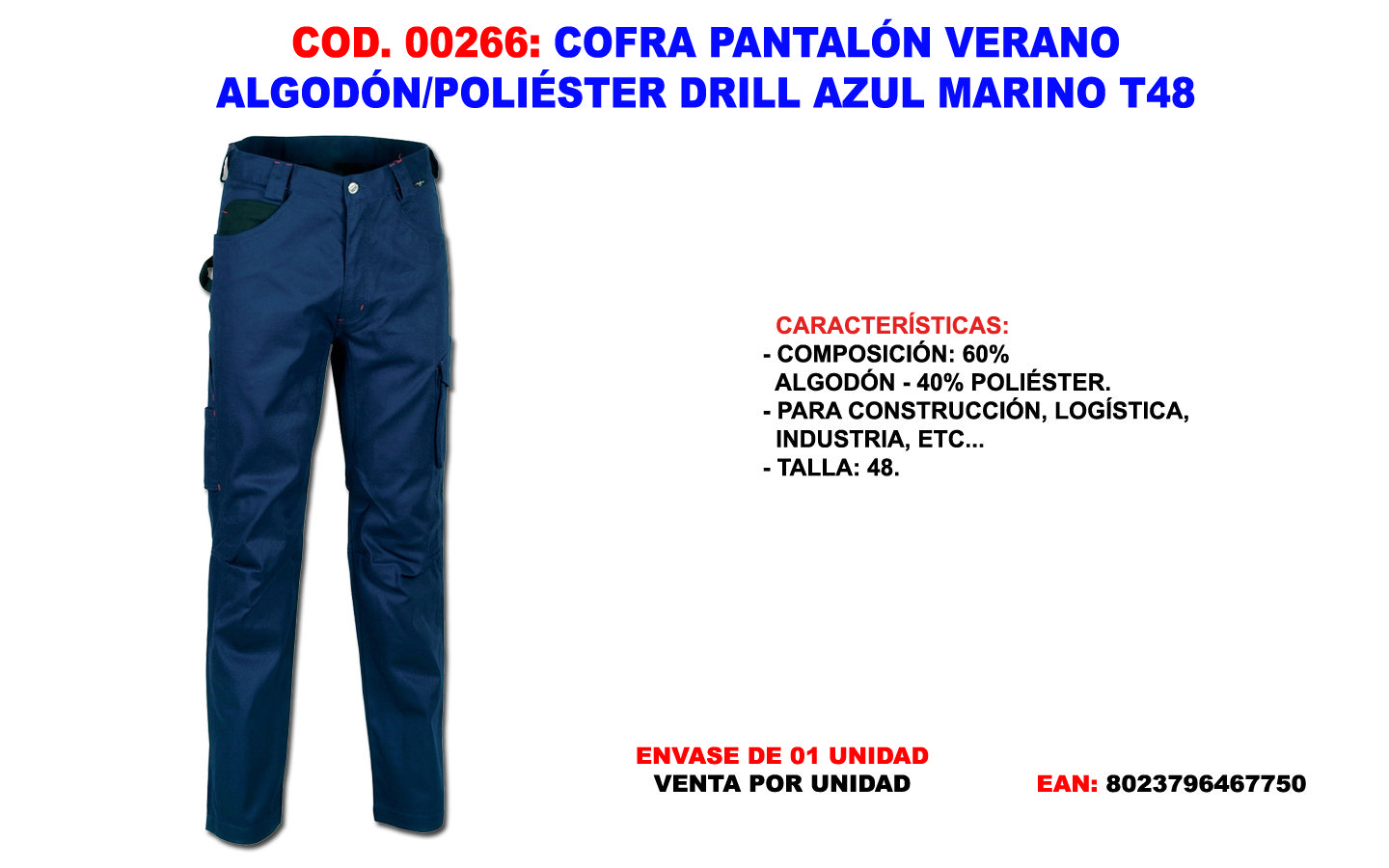 COFRA PANTALON VERANO ALGODON/POL. DRILL AZUL MAR. T48